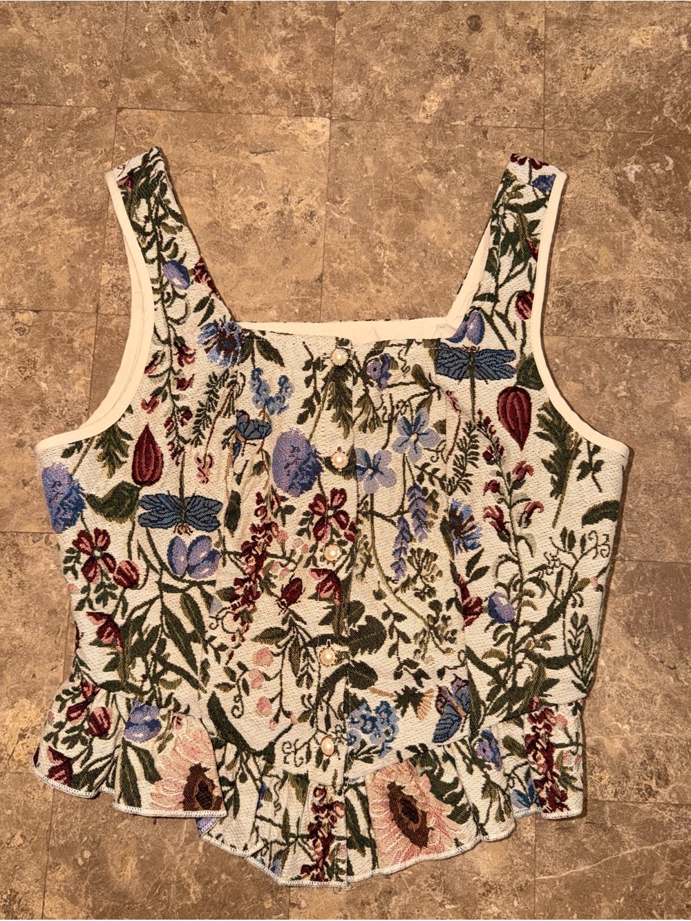 Shein Floral Embroidered Cropped Tank Top in Cream and Blue